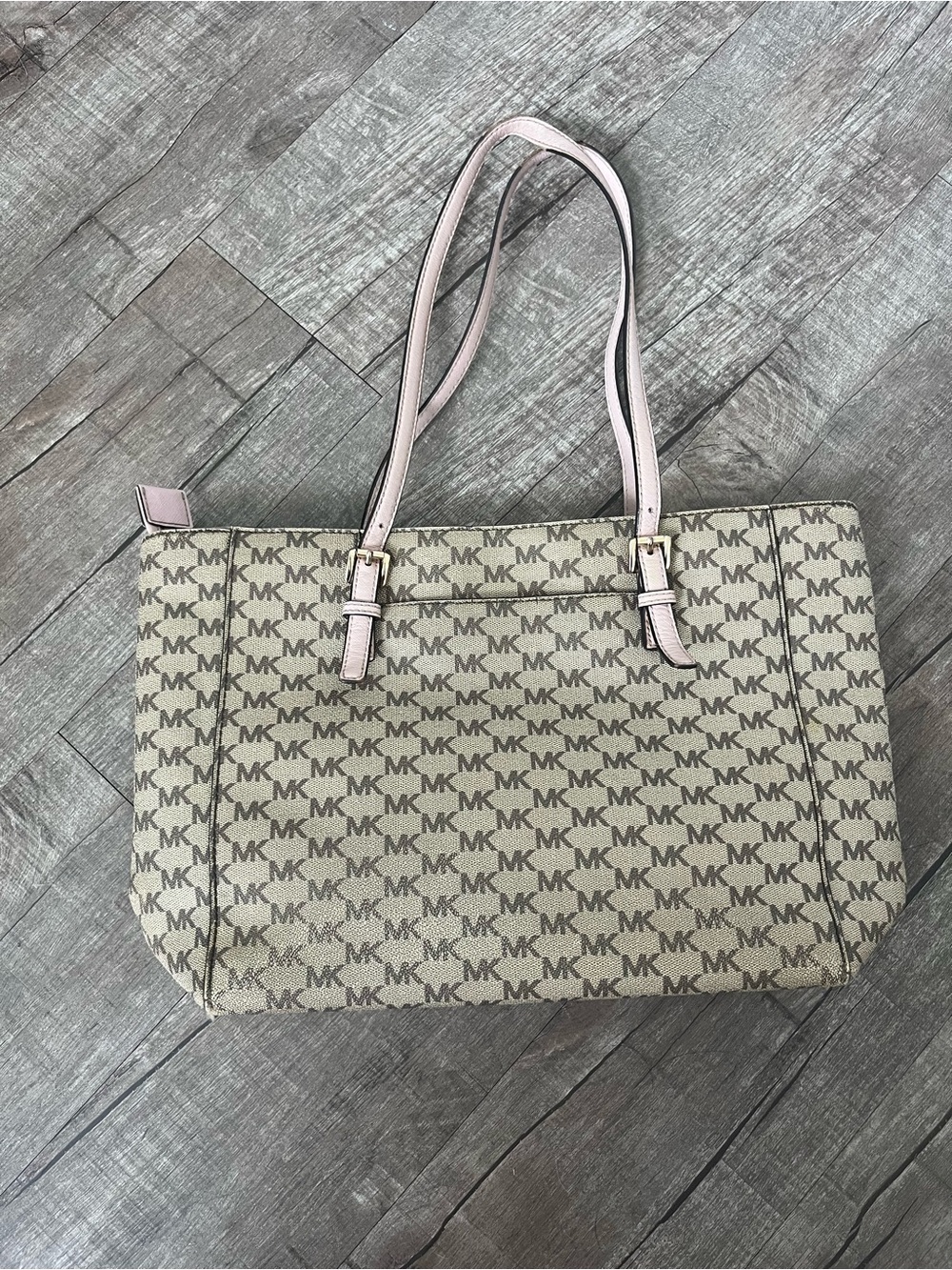 Michael Kors Beige Signature MK Tote with Pink Trim